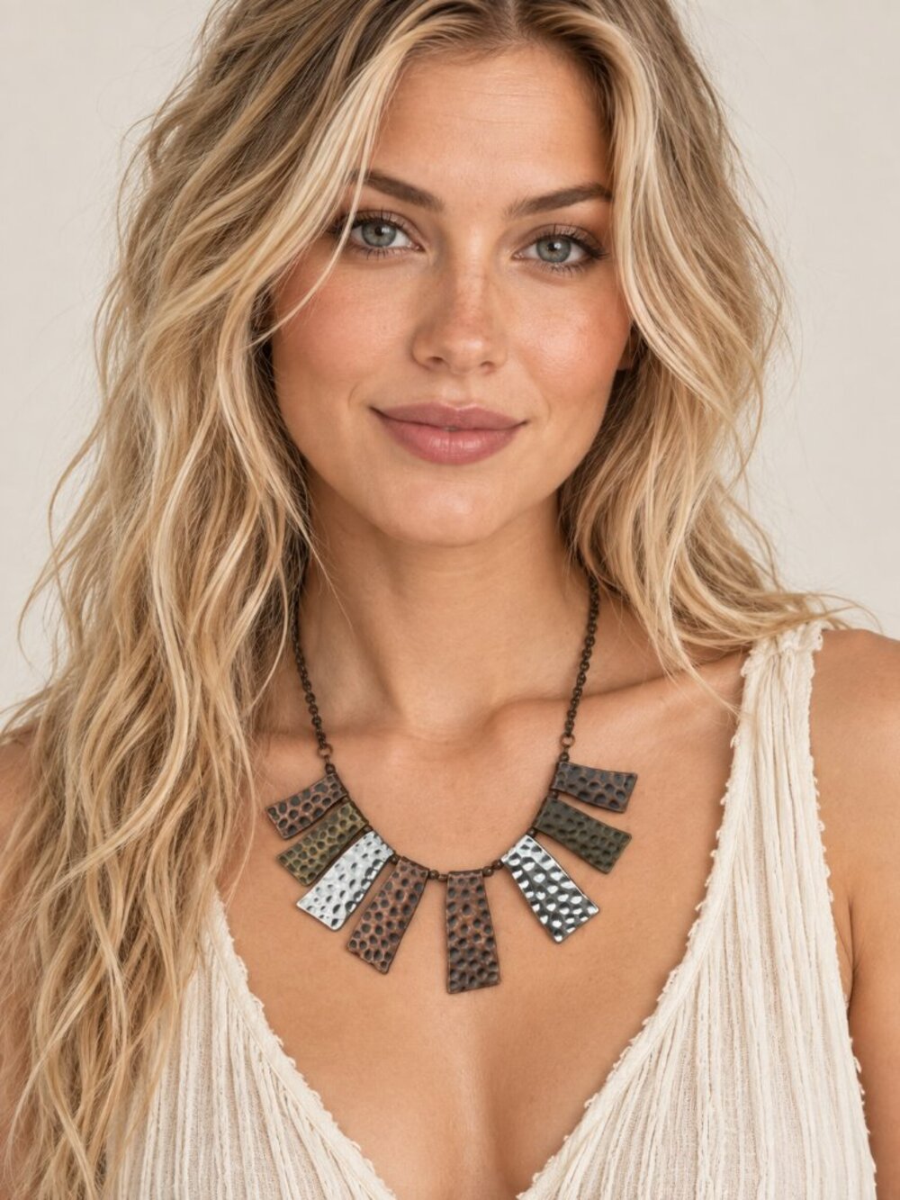 Boho Tribal Statement Necklace Hammered Mixed Metal Copper Silver Bronze Bib